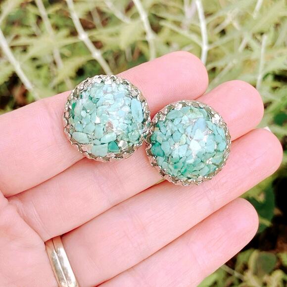 VTG 60s Turquoise Earrings Stone Chip Resin Dome Silver Tone Clip On Mid Century - Picture 12 of 12
